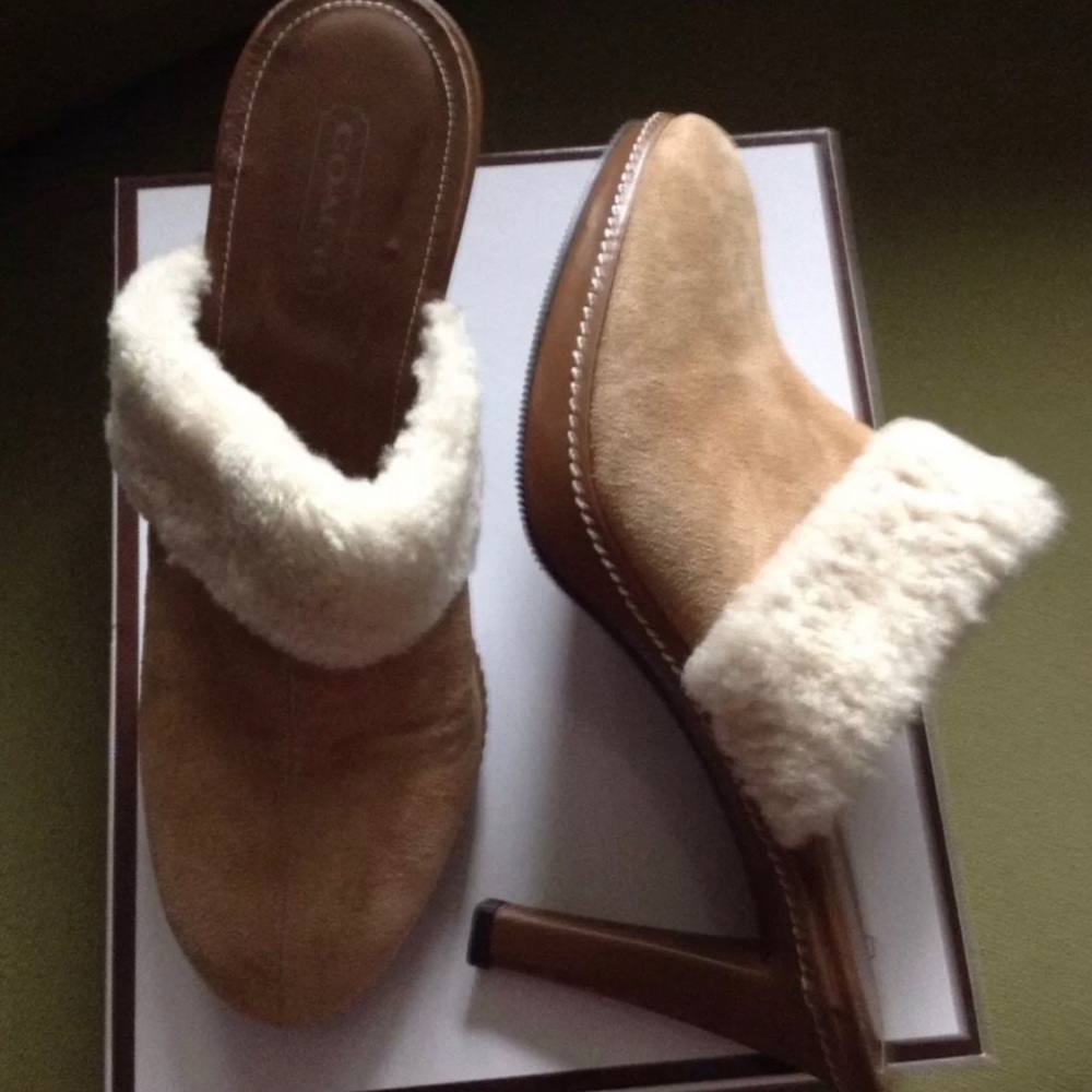 Coach Suede Leather Shearling Cuff Kacie High Heel Mule Women’s US SZ 7.5 UK 38 - Picture 6 of 7
